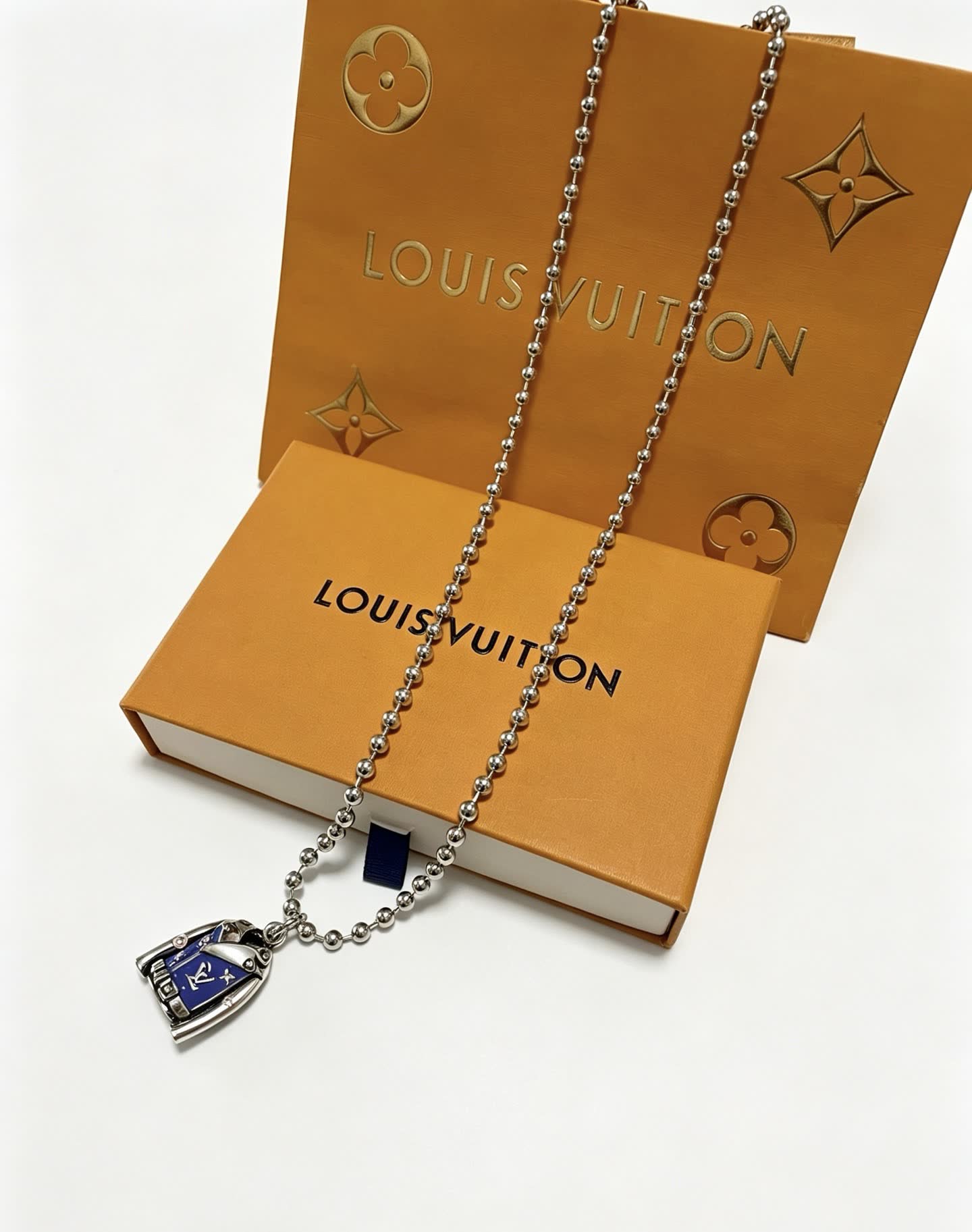 Louis Vuitton Silver Beaded Necklace with Blue Enamel Charm